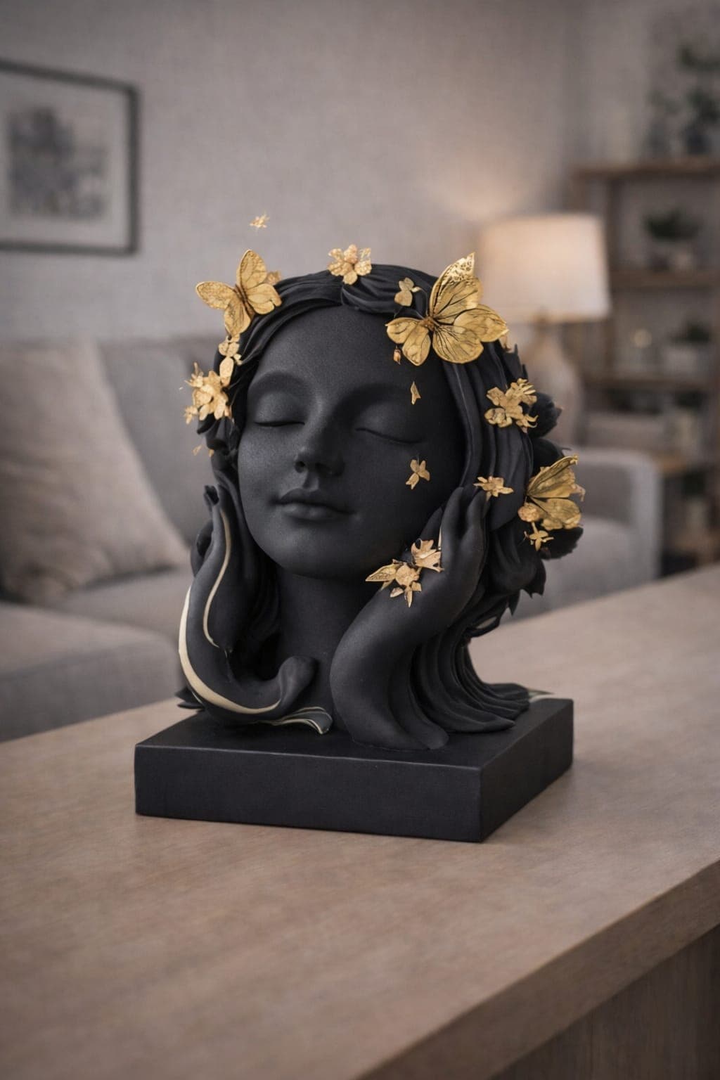 Minimalist Woman Face Sculpture with Golden Butterflies – Modern Black Home Decor