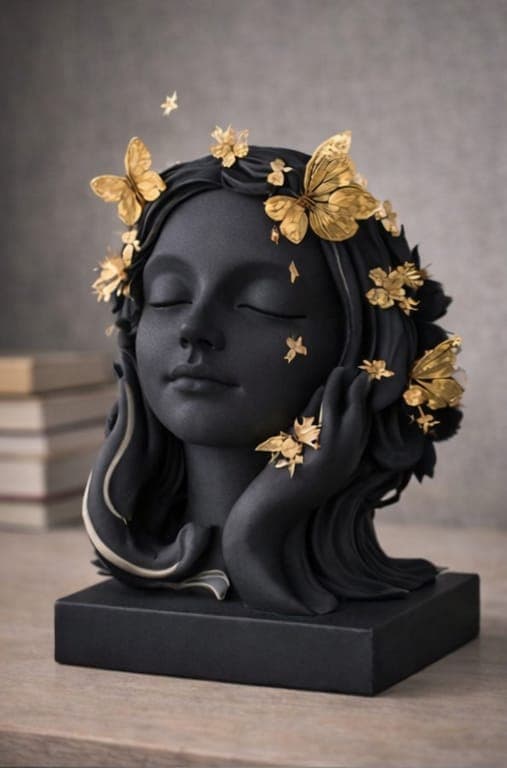 Minimalist Woman Face Sculpture with Golden Butterflies – Modern Black Home Decor 4