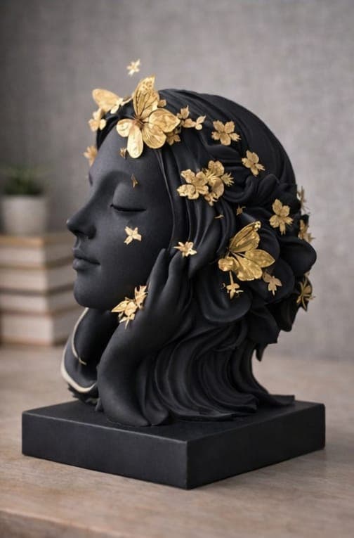 Minimalist Woman Face Sculpture with Golden Butterflies – Modern Black Home Decor 2
