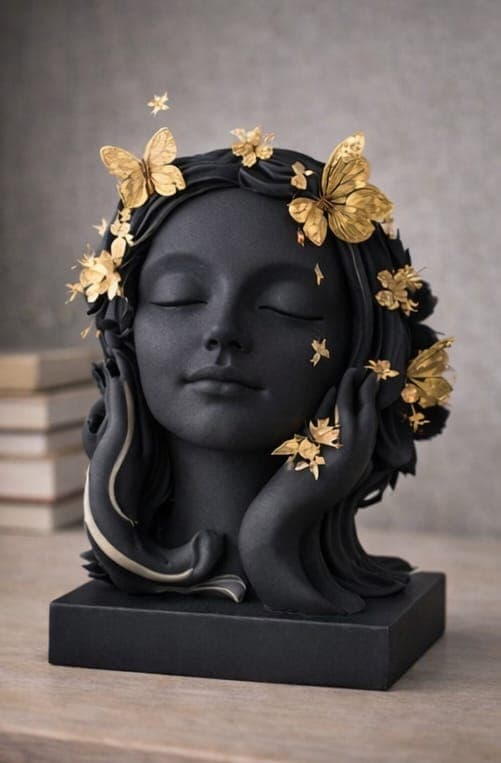 Minimalist Woman Face Sculpture with Golden Butterflies – Modern Black Home Decor 3