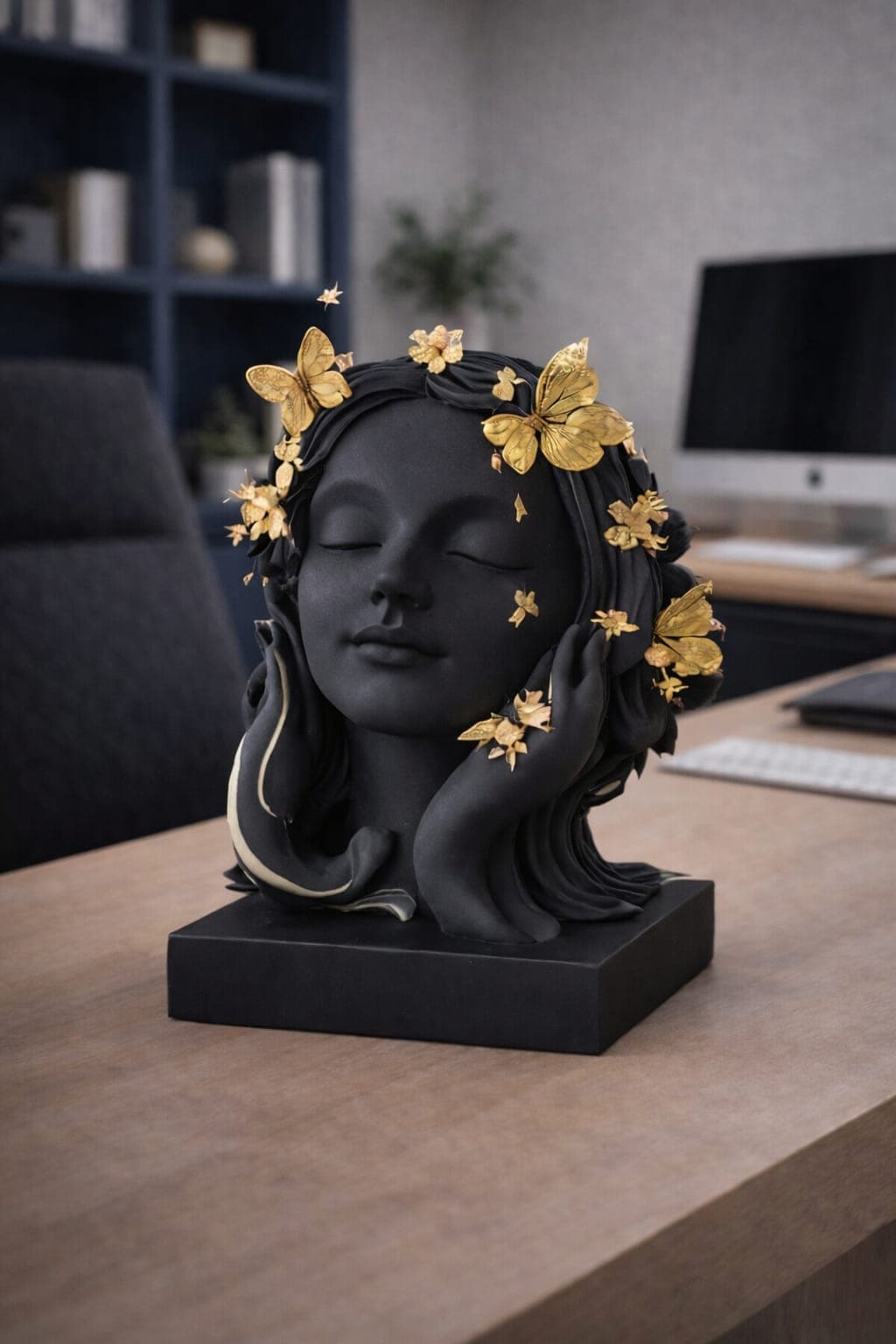 Minimalist Woman Face Sculpture with Golden Butterflies – Modern Black Home Decor 7