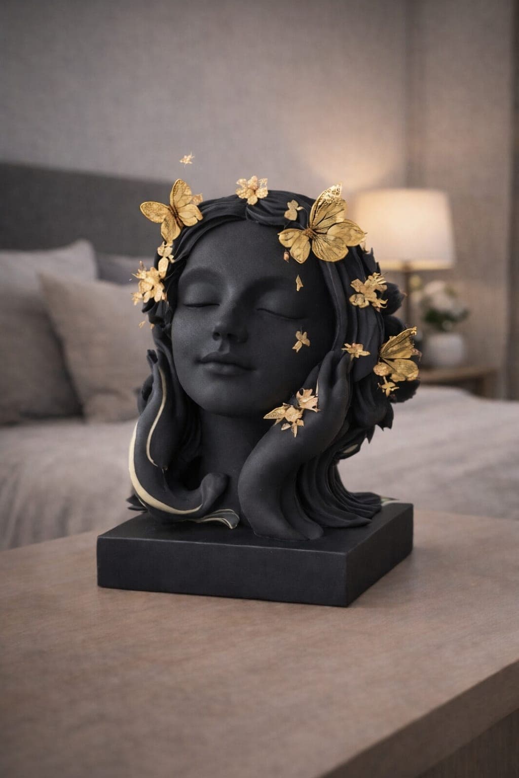 Minimalist Woman Face Sculpture with Golden Butterflies – Modern Black Home Decor 5