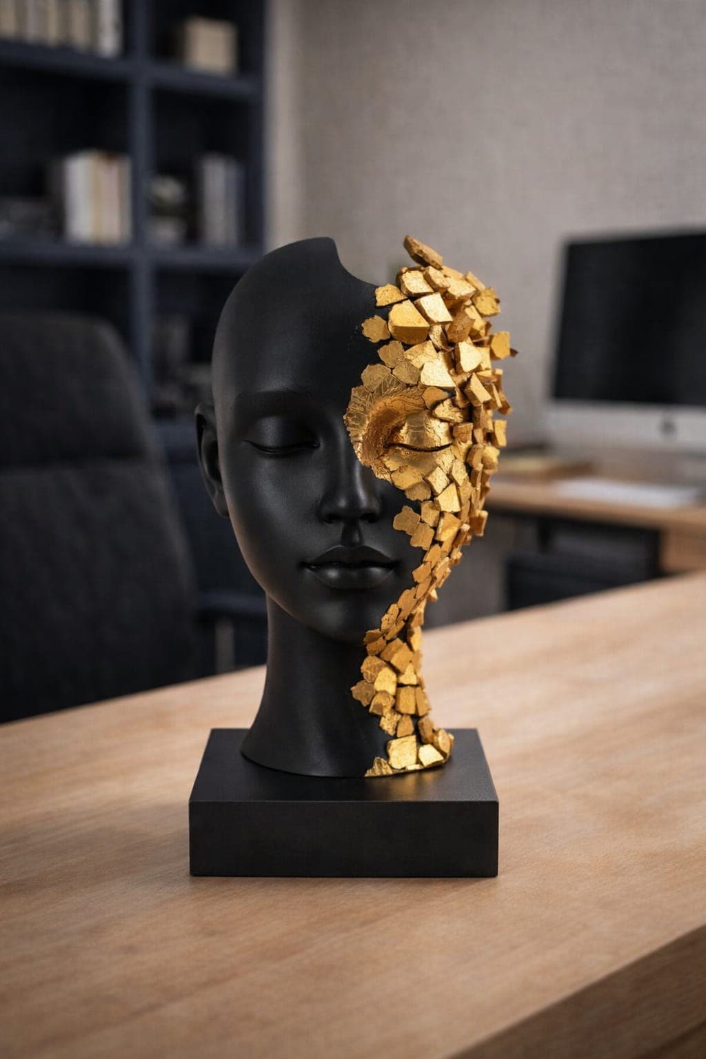 Modern Abstract Face Sculpture Black Gold