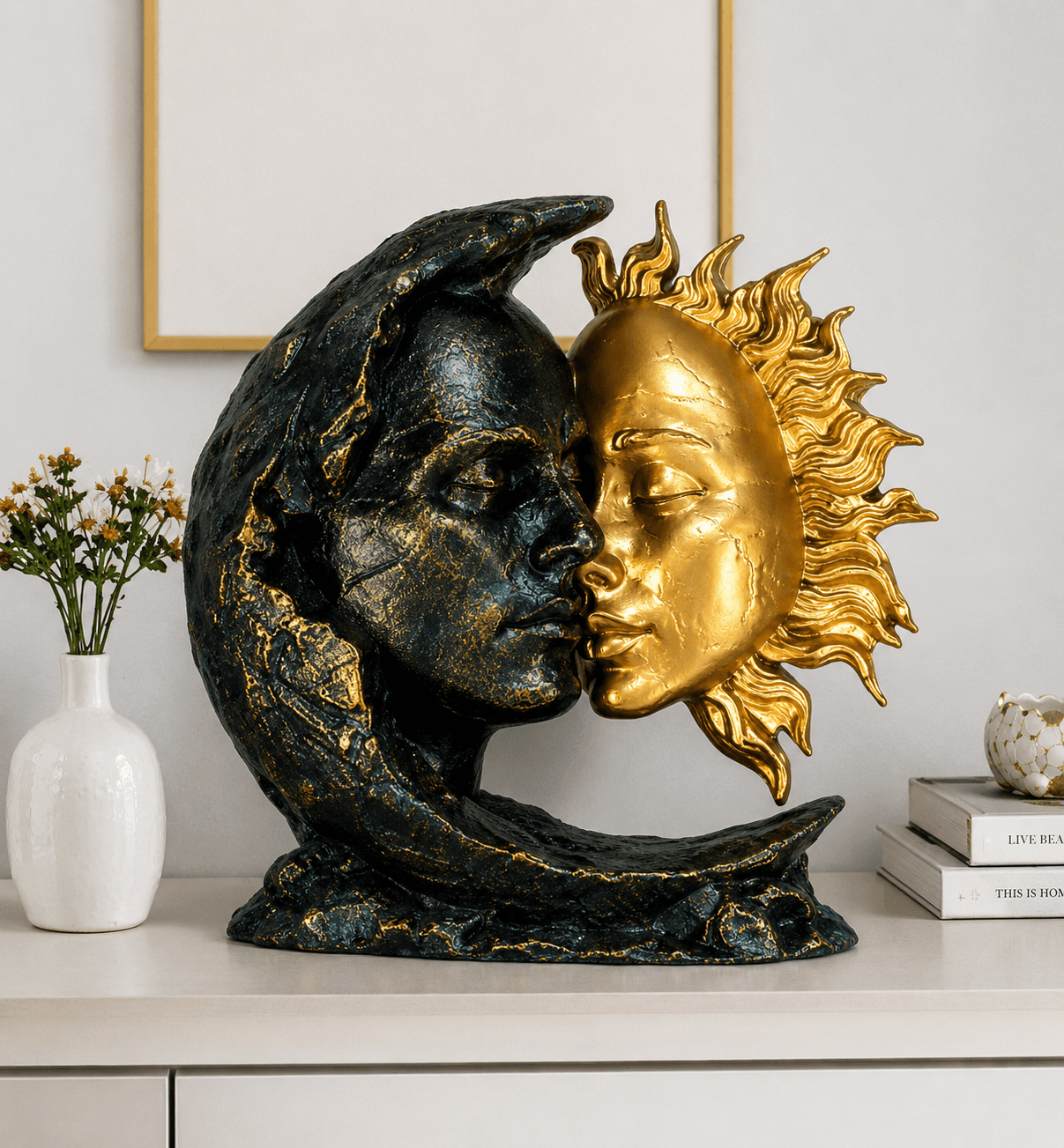 Celestial Sun and Moon Sculpture | Black Gold Abstract Couple Home Decor 2