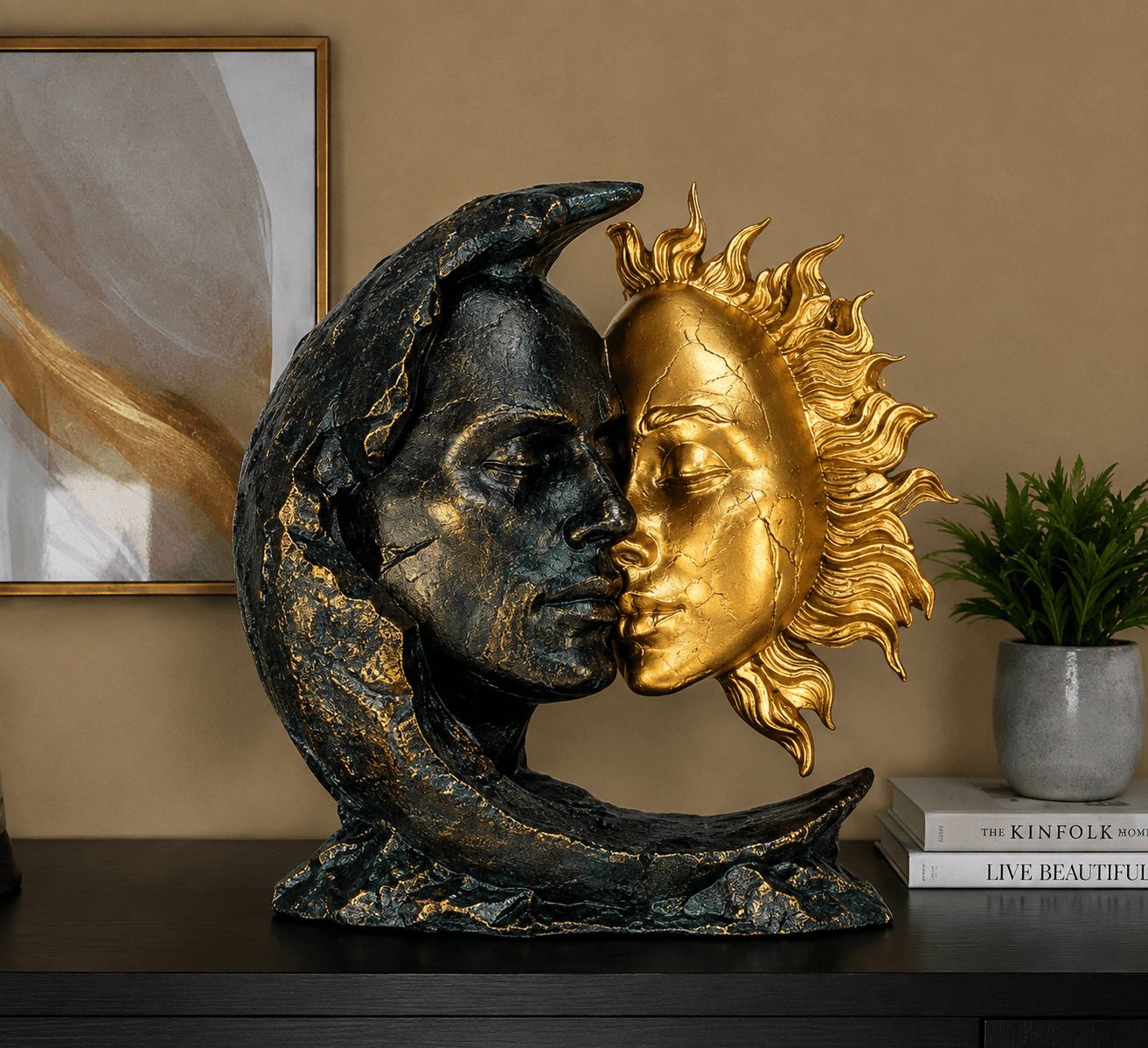Celestial Sun and Moon Sculpture | Black Gold Abstract Couple Home Decor 4