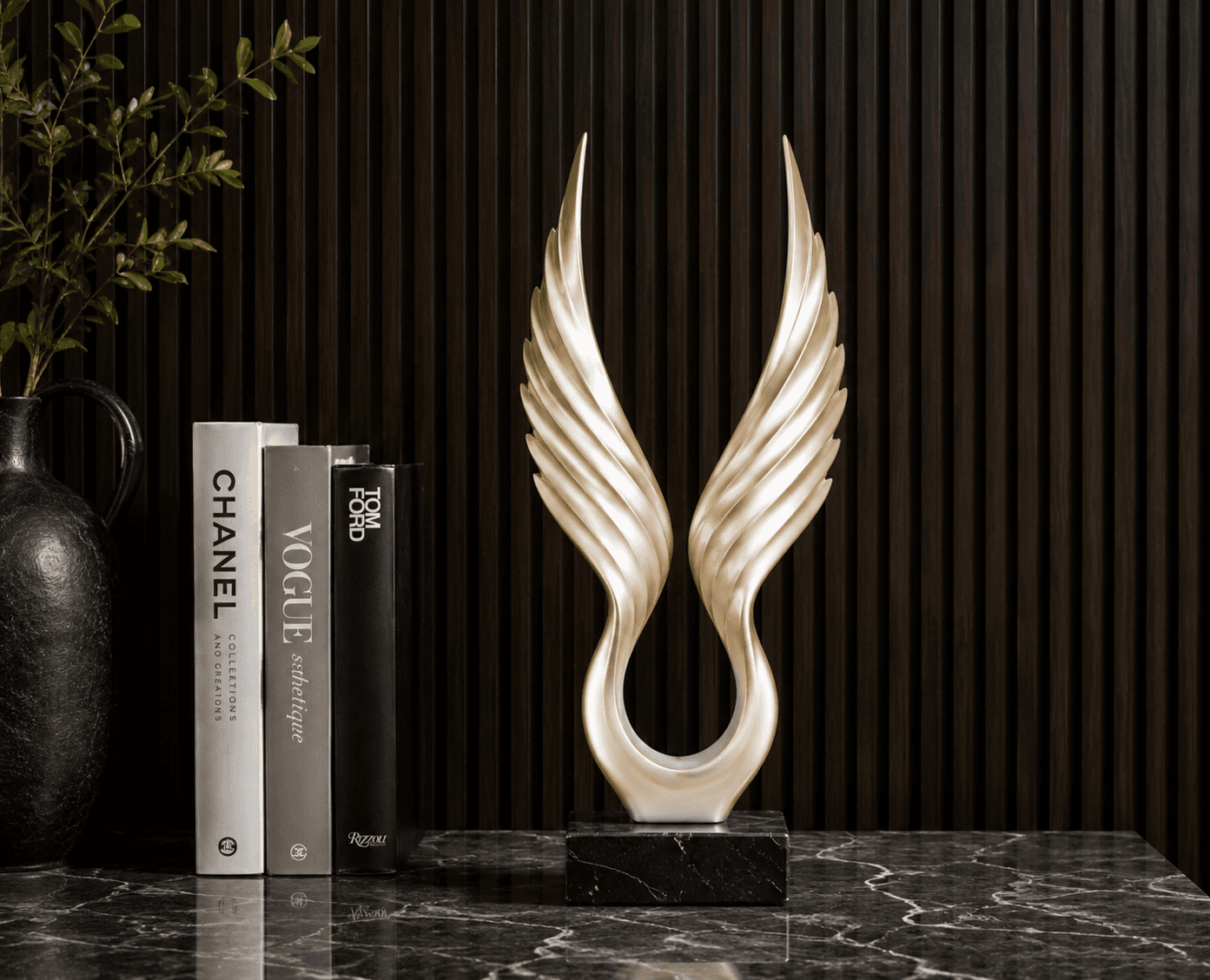 Luxury Angel Wings Sculpture | Gold Wing Home Decor with Black Marble Base 8